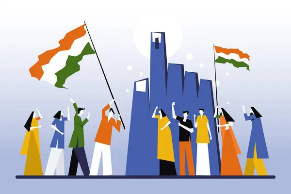 Menschen Mit Der Indischen Trikolore Flagge Demonstrieren Vor Einer Großen — Stockvektor