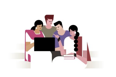 Bir grup öğrenci dizüstü bilgisayar ve kitaplarla tartışıyorlar.