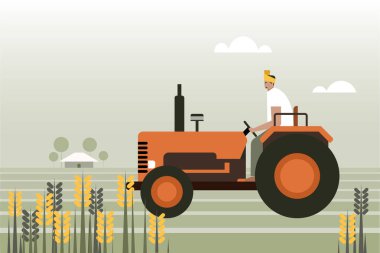 Çiftlikte traktör süren Hintli bir çiftçi resmi.