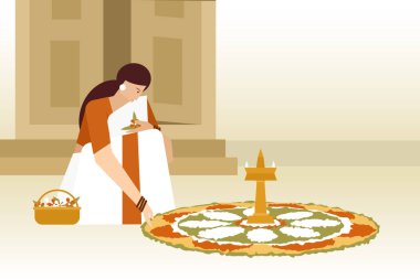 TitleA traditionally dressed woman making floral designs in-front of house. Concept of Onam festival in Kerala clipart