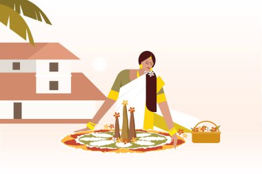 Evin önünde çiçek desenleri yapan bir kadın. Kerala 'da Onam Festivali Konsepti