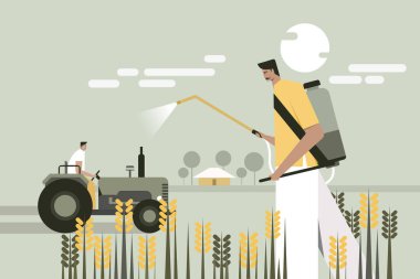 Tarımsal bir tarlaya böcek ilacı sıkan bir çiftçi resmi