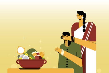 Anne, kızının gözlerini uğurlu şeylerin önünde bağlar. Kerala 'daki' Vishu 'festivalinde geleneksel bir jest.