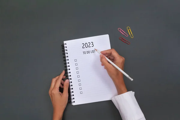 Mulher Mão Escrita 2023 Metas Plano Notebook Nova Lista Metas — Fotografia de Stock