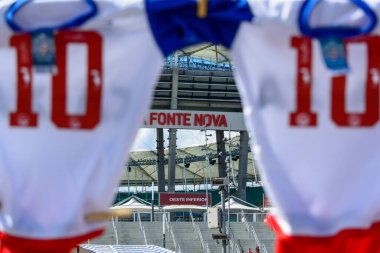 Salvador, Bahia, Brezilya - 1 Nisan 2018: Fonte Nova Arena 'da Esporte Clube Bahia futbol takımının gömlek ve bayraklarıyla destekçileri. Salvador, Bahia.