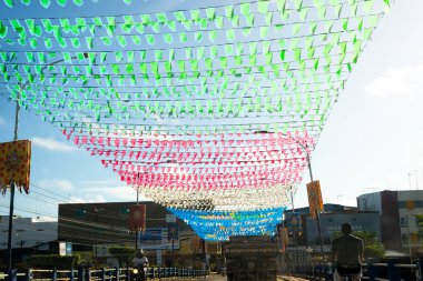 Valenca, Bahia, Brazil - June 23, 2022: Decoration of Sao Joao with flags in the city of Valenca, Bahia.
