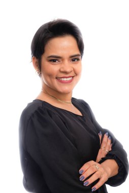 Kendine güvenen güzel iş kadını çalışmaya hazır. Güven ve yeterlilik kavramı. İzole edilmiş kadın portresi.
