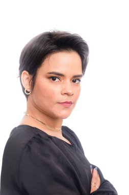 Kendine güvenen güzel iş kadını çalışmaya hazır. Güven ve yeterlilik kavramı. İzole edilmiş kadın portresi.