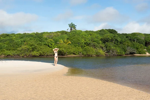 Woman Black Bikini Sand Next Red Water River Green Forest — Stok fotoğraf
