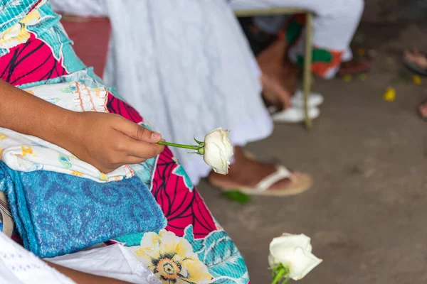 stock image Santo Amaro, Bahia, Brazil - May 15, 2022: Candomble members are seen during a religious demonstration known as Bembe do Mercado in the city of Santo Amaro.