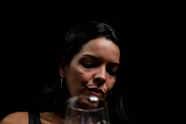 Portrait Young Woman Black Shirt Drinking Beer Glass Cup Black — Fotografia de Stock