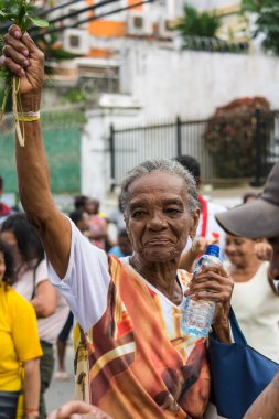 Salvador, Bahia, Brezilya - 26 Mayıs 2016: Katolik ibadet edenler Salvador, Bahia 'daki Corpus Christ kutlamaları sırasında çiçek topladılar.