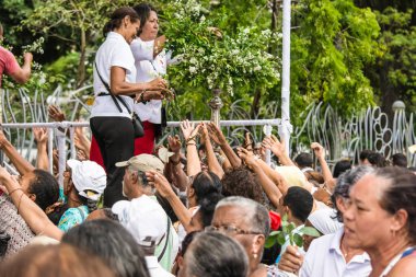 Salvador, Bahia, Brezilya - 26 Mayıs 2016: Katolik ibadet edenler Salvador, Bahia 'daki Corpus Christ kutlamaları sırasında çiçek buketleri toplamaya çalışıyorlar.