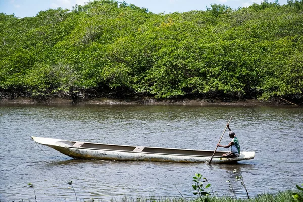Aratuipe Bahia Brésil Août 2018 Pêcheur Pagayant Sur Lit Rivière — Photo