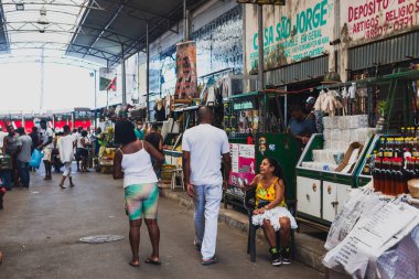 Salvador, Bahia, Brazil - May 06, 2022: People are walking inside the Sao Joaquim fair to buy food. City of Salvador, Brazil.