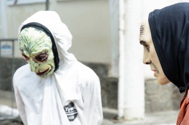 Maragogipe, Bahia, Brazil - February 27, 2017: People dressed up in Venice carnival style have fun dressed up during the carnival in the city of Maragogipe in Bahia.