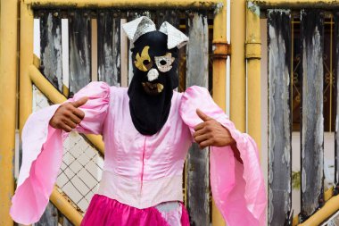 Maragogipe, Bahia, Brazil - February 27, 2017: A person dressed up in Venice carnival style has fun during the street carnival in the city of Maragogipe in Bahia.
