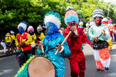 Salvador, Bahia, Brazil - February 11, 2023: Traditional group Zabiaponga performs during the pre-Carnival Fuzue parade in the city of Salvador.