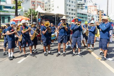 Salvador, Bahia, Brazil - February 11, 2023: Musicians from the municipal guard are seen during a performance at the pre-carnival Fuzue in the city of Salvador.