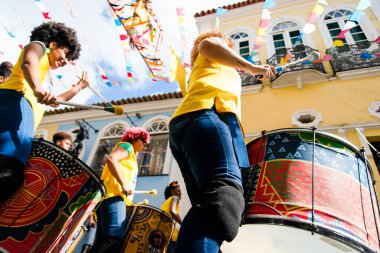 Salvador, Bahia, Brazil - June 22, 2018: Musicians from the percussion band Dida play in a presentation in the historic center of Salvador. Pelourinho, Bahia.