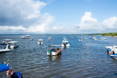 Valenca, Bahia, Brazil - January 19, 2023: Boats stopped in the port of the city of Valenca in Bahia.
