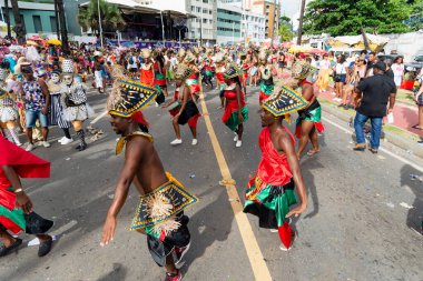 Salvador, Bahia, Brazil - February 11, 2023: Traditional African culture group people dance during Fuzue pre-carnival in Salvador, Bahia.