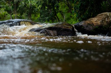 River water flowing over dark rocks. Rural area of the city of Valenca, Bahia.
