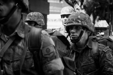 Salvador, Bahia, Brazil - September 07, 2016: Black portrait of army soldiers parade on Brazilian independence day in the city of Salvador, Bahia.