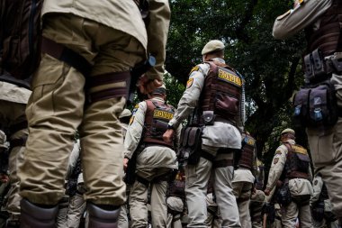 Salvador, Bahia, Brazil - September 07, 2016: Bahia Military Police soldiers parade on Brazilian Independence Day. Salvador, Bahia. clipart