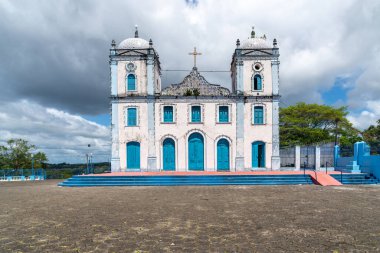 Valenca, Bahia, Brazil - September 10, 2022: Front view of the facade of the church of Nossa Senhora do Amparo in the city of Valenca, Bahia.