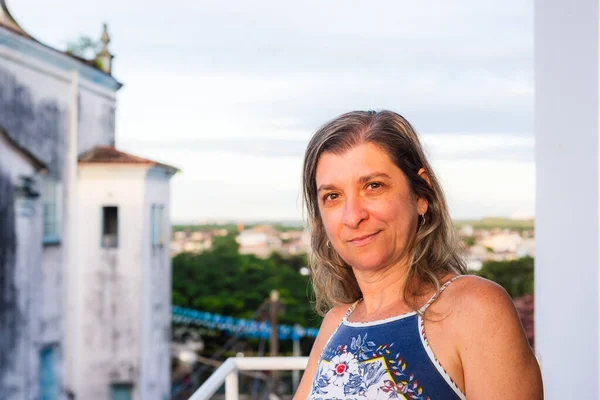 Beautiful Woman Posing Porch House Looking Camera City Valenca Bahia — Stock Photo, Image