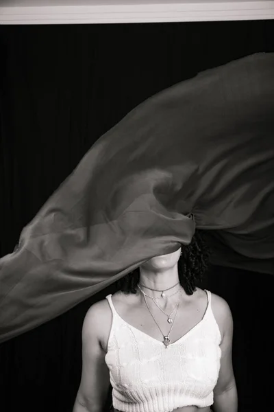 Black White Portrait Woman Throwing Cloth Air Isolated Black Background — Foto de Stock