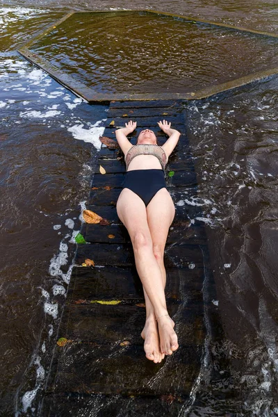 Beautiful Woman Bikini Lying Deck River City Valenca Bahia — Fotografia de Stock