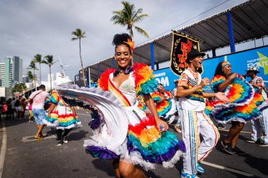 Salvador, Bahia, Brazil - February 11, 2023: Traditional cultural group from Bahia performs during the Fuzue parade in Salvador.