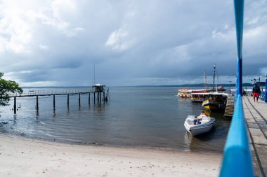 Salvador, Bahia, Brazil - January 19, 2023: Passenger boats arriving at Valenca wharf in the Brazilian state of Bahia.