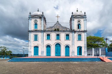 Valenca, Bahia, Brazil - September 10, 2022: Front view of the facade of the church of Nossa Senhora do Amparo in the city of Valenca, Bahia.