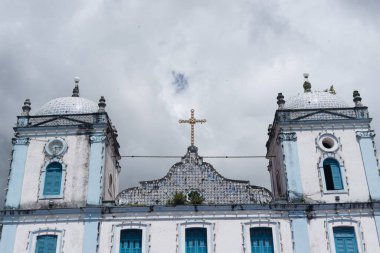 Valenca, Bahia, Brazil - September 10, 2022: View from the top of the facade of the church of Nossa Senhora do Amparo in the city of Valenca, Bahia.
