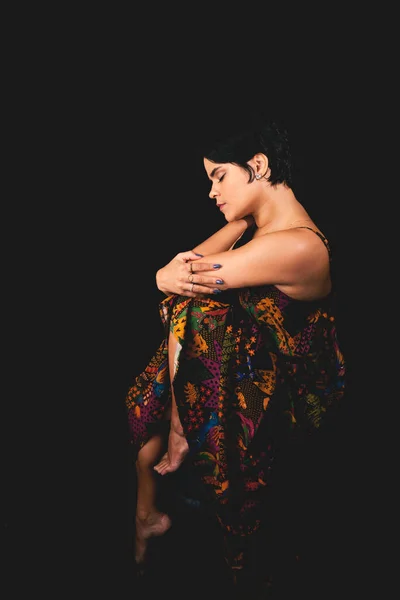 Portrait Young Woman Sitting Stool Posing Photo Isolated Black Background — ストック写真