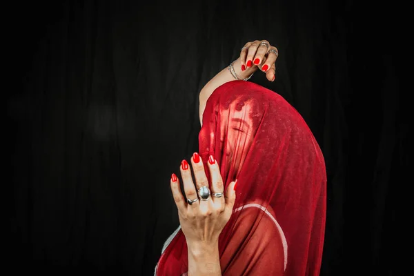 Beautiful Woman Red Cloth Her Head Making Hand Gestures Isolated — Foto de Stock
