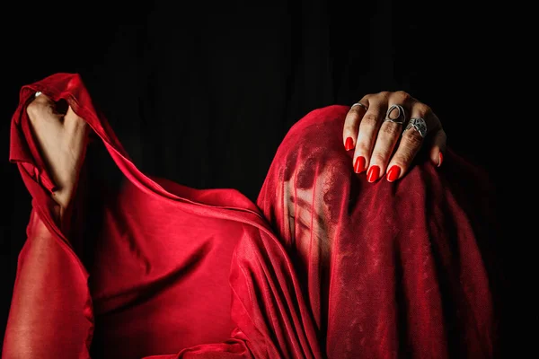 Beautiful Woman Red Cloth Her Head Making Hand Gestures Isolated — Foto de Stock