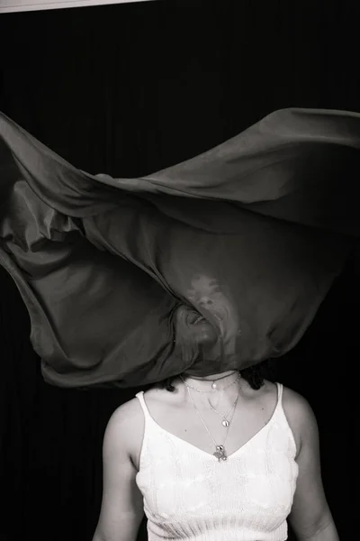 Black White Portrait Woman Throwing Cloth Air Isolated Black Background — Foto de Stock