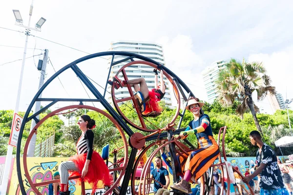 Salvador, Bahia, Brazil - February 11, 2023: Circus performers perform during the pre-Carnival Fuzue parade in the city of Salvador, Bahia.