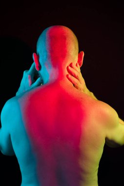 Portrait of bald man, shirtless and back to the camera, with colorful lights of studio. Isolated in the black background.