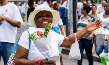 Salvador, Bahia, Brazil - May 26, 2016: Joyful Catholics participate in the Corpus Christi procession in Salvador, Bahia.