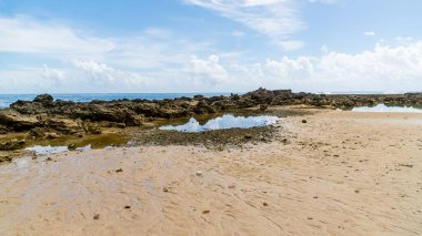 Deniz kenarındaki taş mercanlarla sahilin güzel manzarası. Arka planda bulutlar olan mavi gökyüzü.