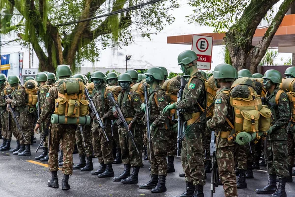 Salvador Bahia Brasil Setembro 2022 Soldados Exército Estão Equipados Aguardam — Fotografia de Stock