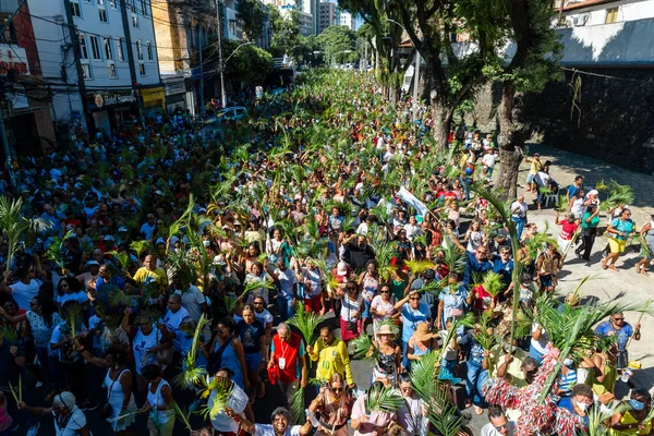 Salvador Bahia Brasil Abril 2023 Multidões Fiéis Católicos Acenam Ramos — Fotografia de Stock