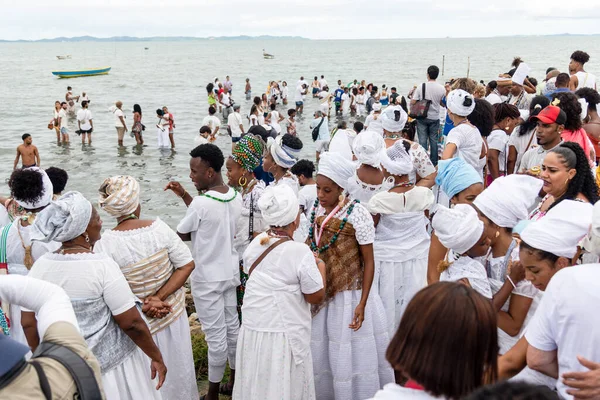 stock image Santo Amaro, Bahia, Brazil - May 15, 2022: Candomble members are seen on Itapema beach during the Bembe do Mercado celebrations, in the city of Santo Amaro.