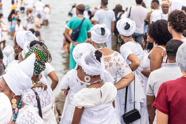 stock image Santo Amaro, Bahia, Brazil - May 15, 2022: Candomble members are seen on Itapema beach during the Bembe do Mercado celebrations, in the city of Santo Amaro.