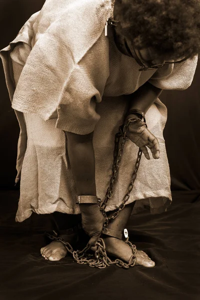 Black Woman Tied Old Rusty Chains Iron Mask Her Face — Stock Photo, Image